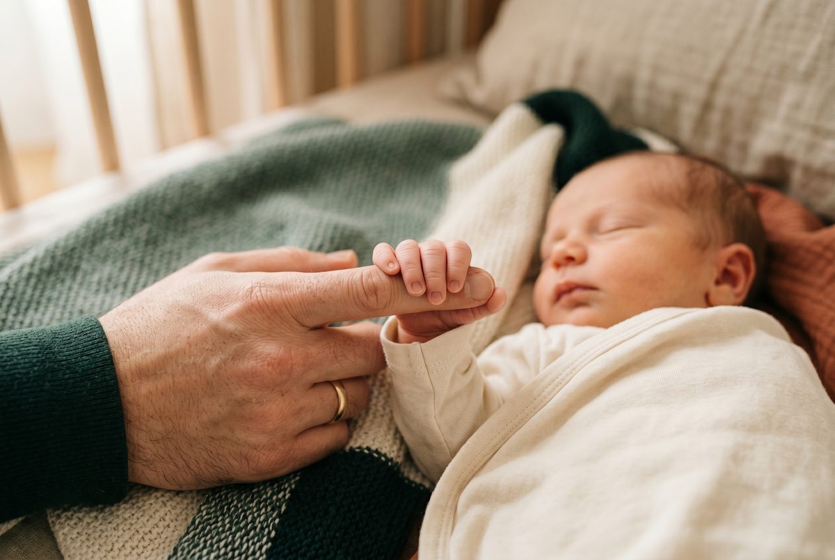 Neugeborenes umgreift schlafend den Finger eines Elternteils in einem ruhigen Kinderzimmer in Grün- und Cremetönen