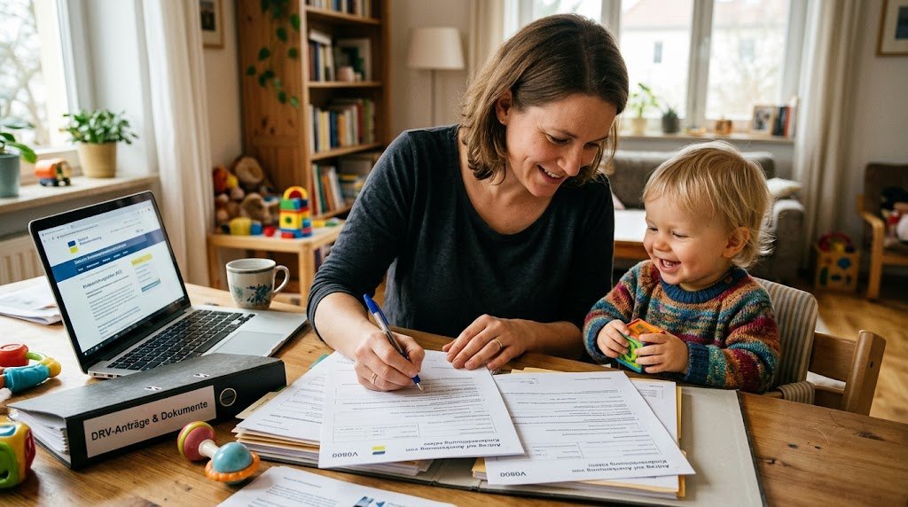 Eine Mutter füllt am Esstisch den V0800-Antrag aus, daneben ihr lachendes Kleinkind und ein Laptop mit der Seite der Deutschen Rentenversicherung