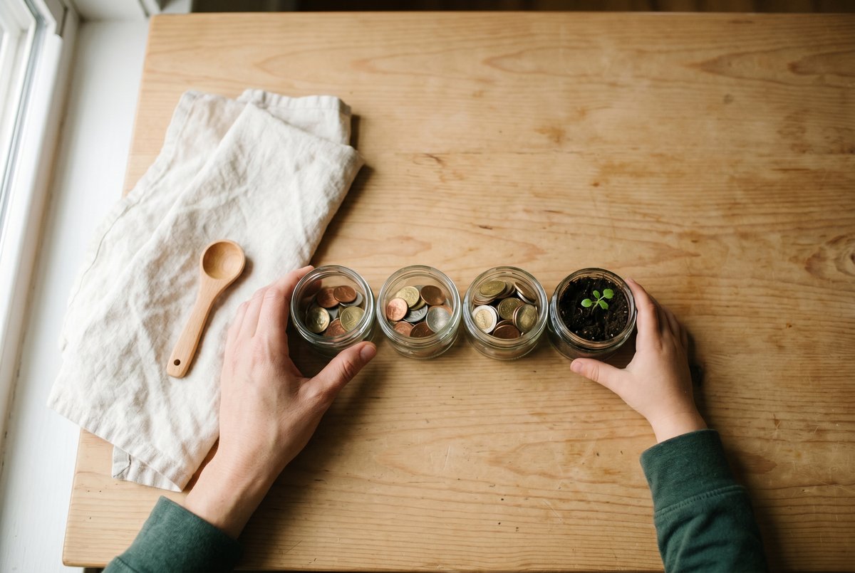 An adult hand and a child's hand arranging a row of small glass jars filled with coins and a green seedling on a wooden table