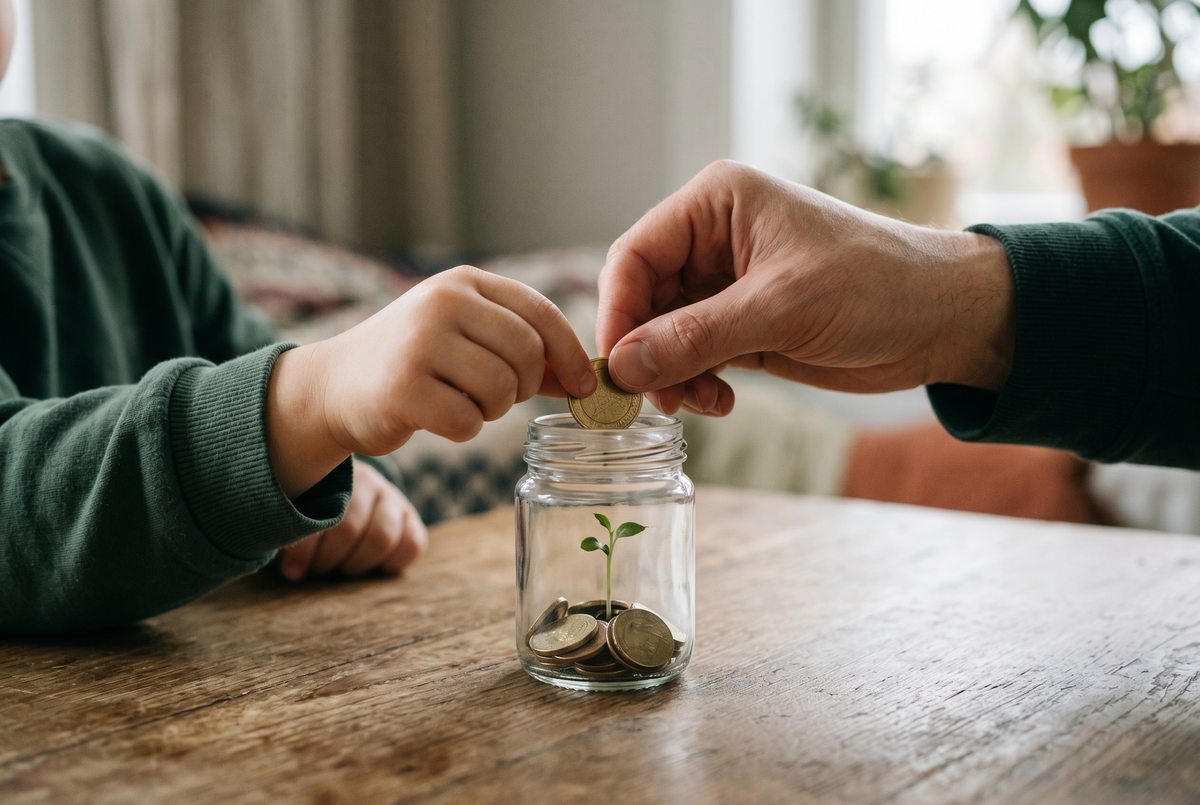 Eltern- und Kinderhand stecken gemeinsam eine Münze in ein Sparglas, in dem ein kleiner grüner Spross wächst