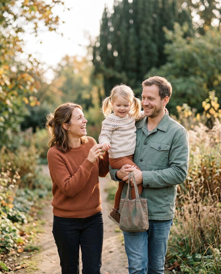 Glückliche, entspannte Familie mit Mutter, Vater und kleiner Tochter auf einem herbstlichen Naturweg